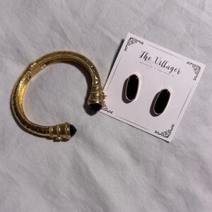 villager Gold Cuff Bracelet and Earring set  with Black Stone Accents